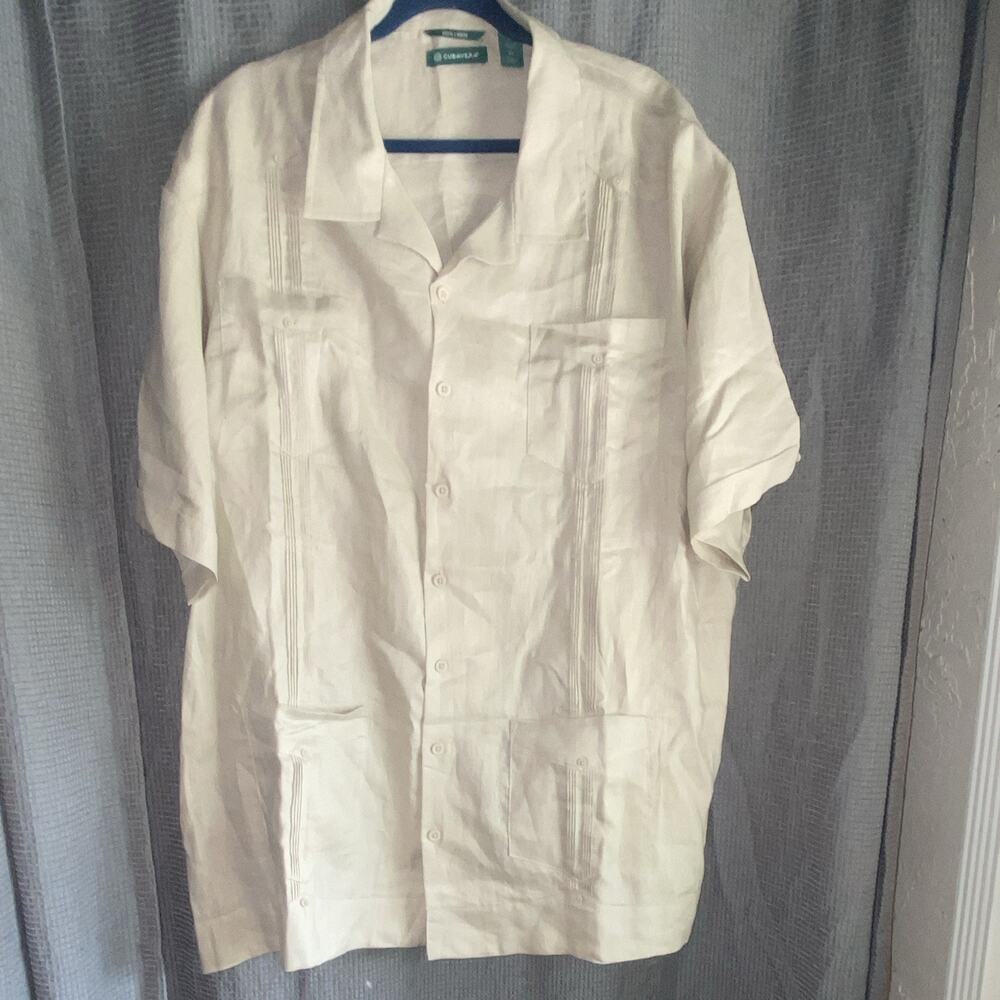 Cubavera Men’s 3XL Big & Tall Linen Beige Solid Short Sleeve Button-Up Pockets